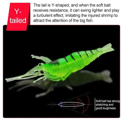Fishing Soft Artificial Shrimp Bait Lures 4cm - green Y-tailed soft shrimp lure with lifelike shape and flexible tail for freshwater and coastal fishing