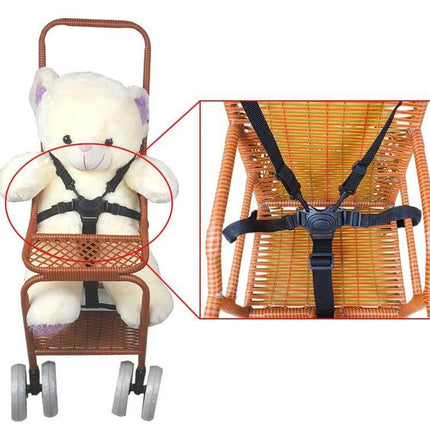 Five Point Child Safety Belt For Stroller Seats Everyday Use shown on teddy in stroller and detailed close-up of adjustable 5-point polyester strap and buckle