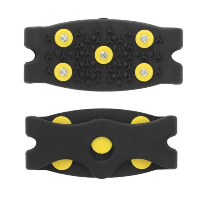 Five-Tooth Ice Claw Overshoes For Snow And Ice Outdoor Use - black rubber overshoes with five yellow steel-studded teeth for traction on ice and snow