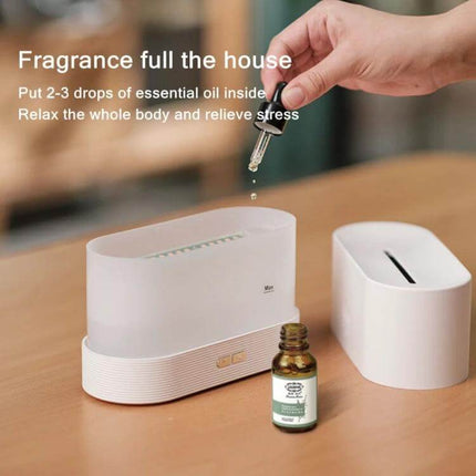 Flame Aroma Diffuser Night Light Humidifier White For Home Use - white tabletop diffuser with simulated flame light, essential oil bottle and dropper