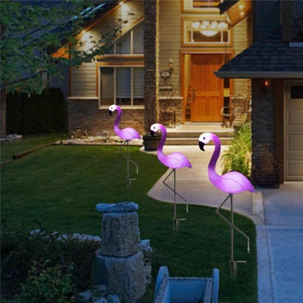 Flamingo Solar Lawn Light Waterproof for Garden Path trio of pink solar LED flamingo lamps lighting pathway at night, waterproof IP45