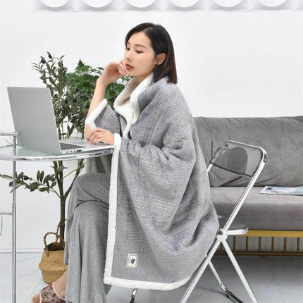 Flannel Thickened Embossed Shawl Blanket 80x130cm For Office And TV - gray dual-face flannel and lambswool shawl draped over woman using laptop