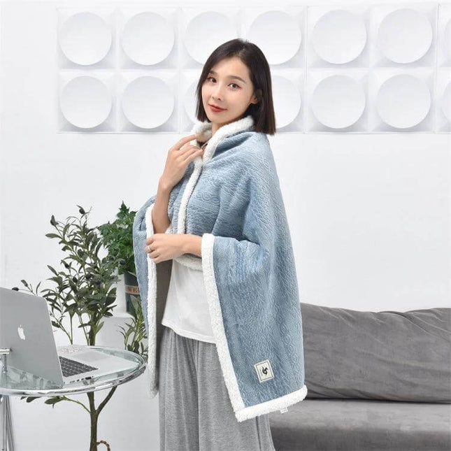 Flannel Thickened Embossed Shawl Blanket 80x130cm For Office And TV - light blue dual-face flannel and lambswool shawl draped over woman on couch