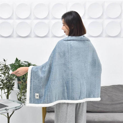 Flannel Thickened Embossed Shawl Blanket 80x130cm For Office And TV - light blue dual-face flannel and lambswool shawl draped over woman