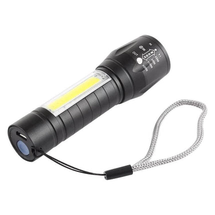 Flashlight USB Rechargeable For Outdoor Use Everyday Carry compact dual-LED torch with 5W XPE beam and 3W COB side light, wrist strap for camping and emergencies