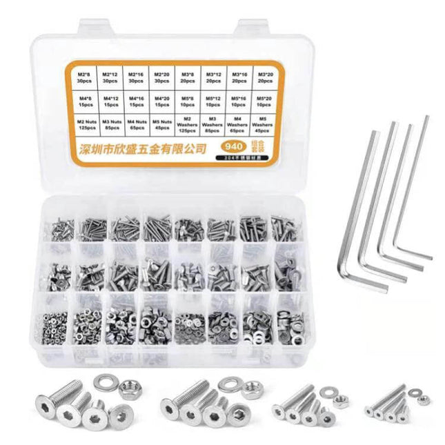 Flat Head Hex Socket Screws Gasket Ring Set 940 Pcs stainless steel organized kit with box, screws, gasket rings and hex keys for enclosures
