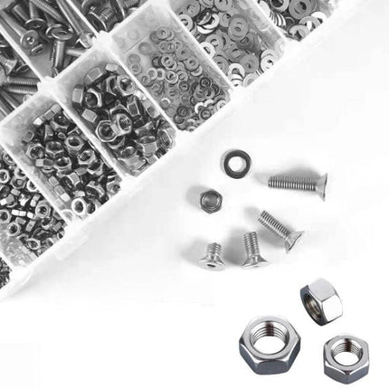 Flat Head Hex Socket Screws Gasket Ring Set 940 Pcs stainless steel screws and gasket rings organized in compartment tray for enclosures and trim