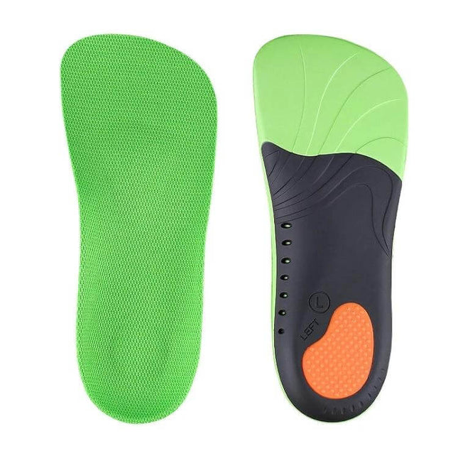 Flatfoot Arch Support Insole XS to XL for Everyday Comfort green dual-layer orthotic insoles showing top and bottom views