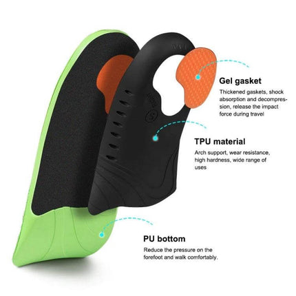 Flatfoot Arch Support Insole XS to XL for Everyday Comfort - exploded view showing gel gasket, TPU arch support, and PU bottom