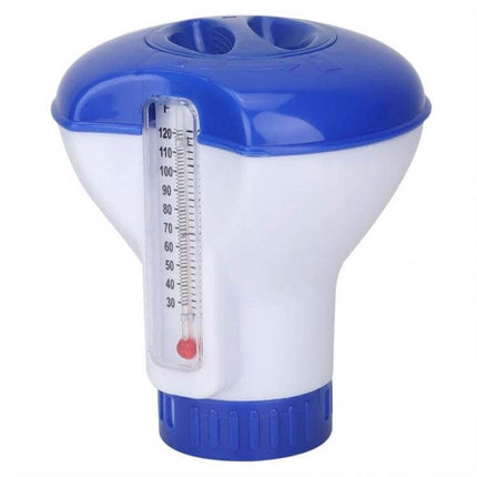 Floating 5-Inch Pool Thermometer And Pill Dispenser - blue white floating pool thermometer with built-in pill compartment and visible temperature gauge