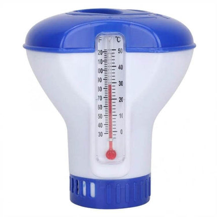 Floating 5-Inch Pool Thermometer And Pill Dispenser blue and white floating pool thermometer with visible temperature scale and pill compartment