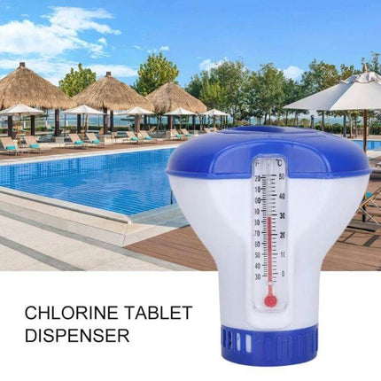 Floating 5-Inch Pool Thermometer And Pill Dispenser floating on clear pool water with built-in thermometer and tablet compartment