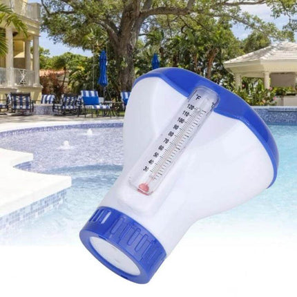 Floating 5-Inch Pool Thermometer And Pill Dispenser floating on pool water showing thermometer and pill compartment