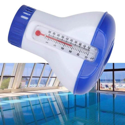 Floating 5-Inch Pool Thermometer And Pill Dispenser floating on pool water showing thermometer and pill compartment, blue and white PP construction