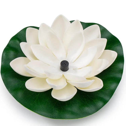Floating Solar Fountain Lotus Leaf Garden Water Feature for Ponds - white lotus solar-powered floating fountain with nozzle on green leaf