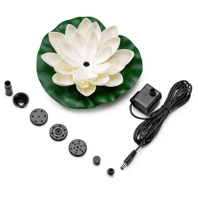 Floating Solar Fountain Lotus Leaf Garden Water Feature for Ponds - white lotus float with submersible pump, solar panel cable and 7 nozzle spray heads