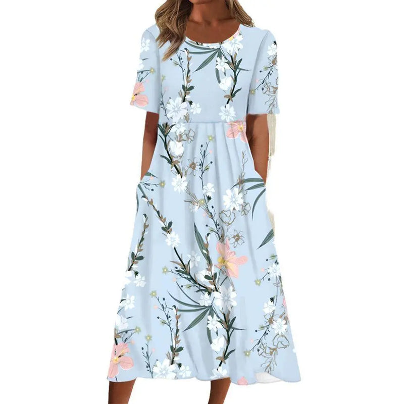 Floral Print A-Line Dress with Short Sleeves for Women