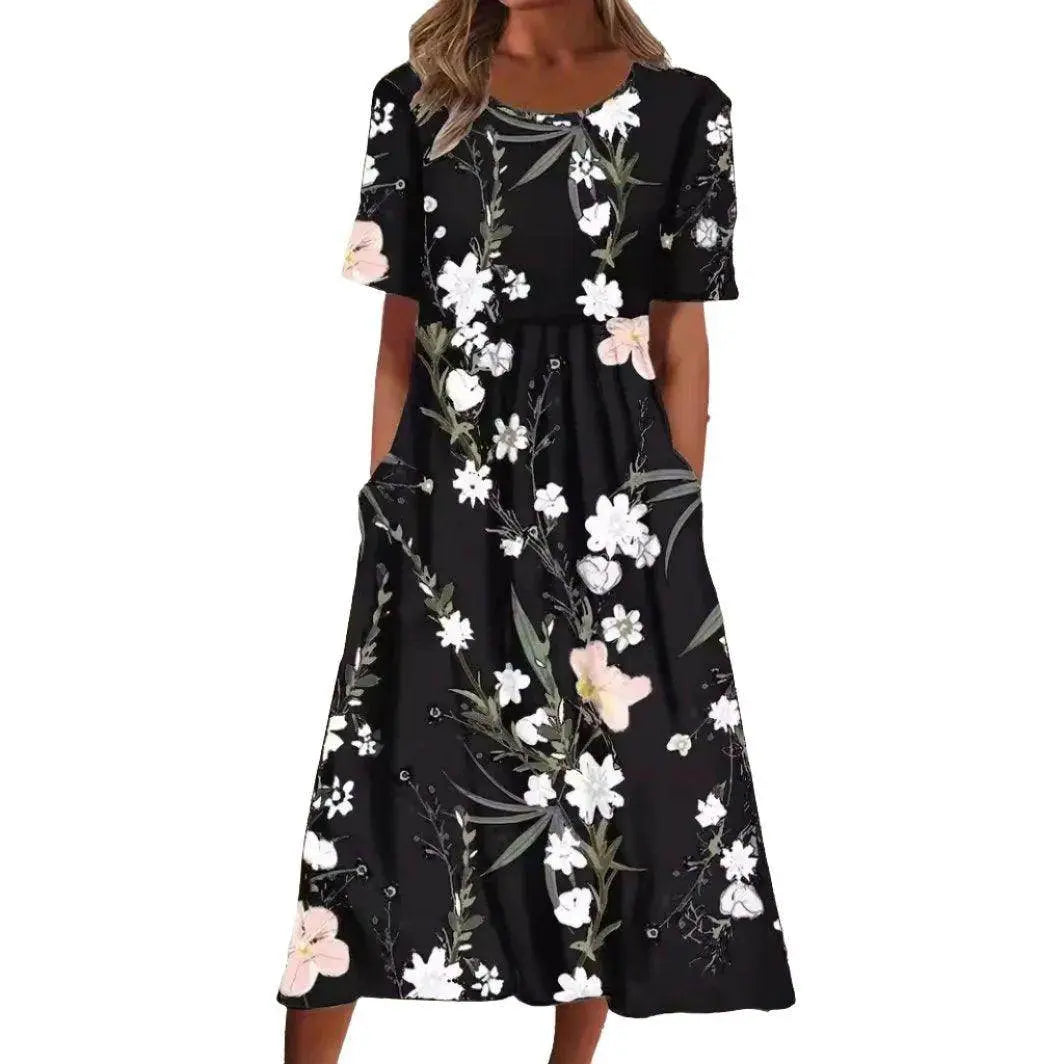 Floral Print A-Line Dress with Short Sleeves for Women