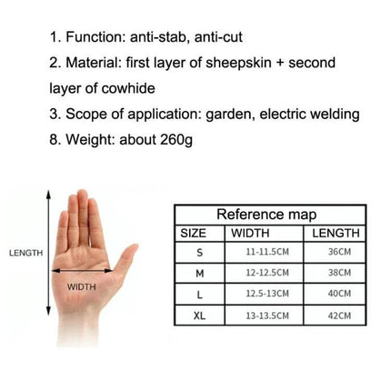 Floral Garden Cut-Resistant Leather Gloves, Sizes S to XL size chart and material details showing anti-cut sheepskin and cowhide layers