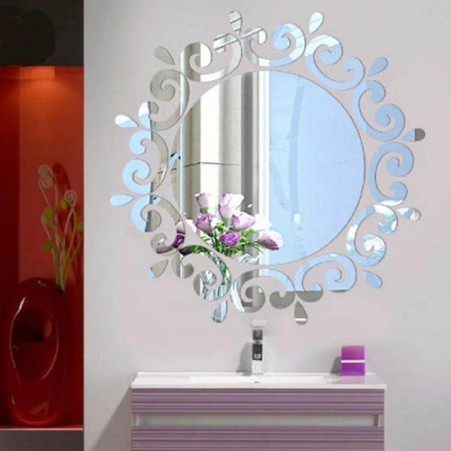 Flower Vine Mirror Wall Sticker Gold For Living Room Decor - round decorative gold vine mirror sticker above vanity enhancing light and style