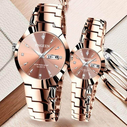 FNGEEN Women's Steel Strap Quartz Watch With Calendar Brown Dial sleek rose-gold steel strap watch for office, travel and casual wear