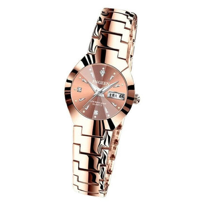 FNGEEN Women's Steel Strap Quartz Watch With Calendar Brown Dial slim 22mm brown dial steel strap for daily office wear