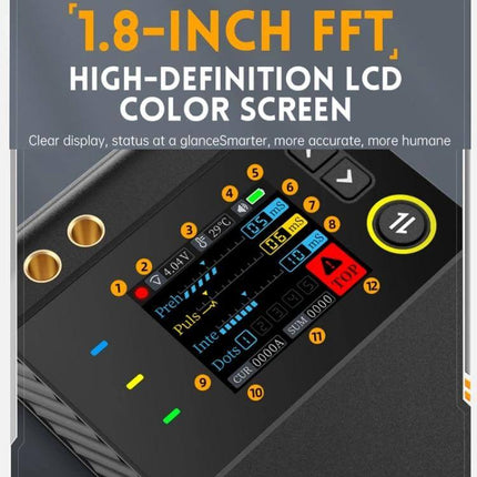 FNIRSI Handheld Battery Spot Welder for Nickel Sheet with 1.8-inch TFT high-definition color LCD showing welding settings and indicators
