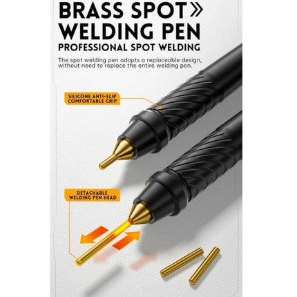 FNIRSI Handheld Battery Spot Welder for Nickel Sheet - close-up of brass spot welding pen tips with silicone grip and detachable gold-plated welding heads