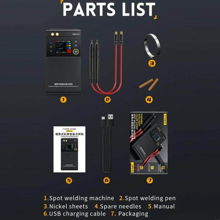 FNIRSI Handheld Battery Spot Welder for Nickel Sheet parts list showing machine, welding pen, nickel sheets, spare needles, USB cable and manual