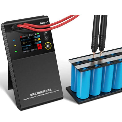 FNIRSI Handheld Battery Spot Welder for Nickel Sheet – portable rechargeable spot welder showing SWM-10 unit and probes welding battery tabs