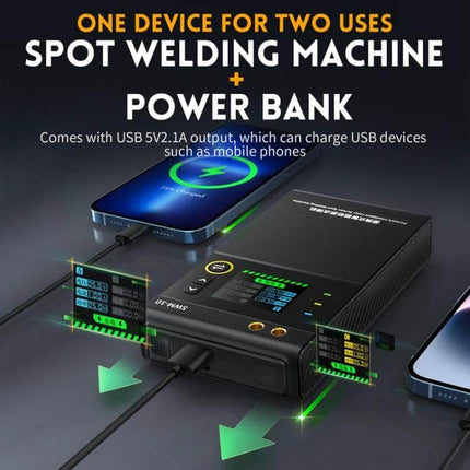 FNIRSI Handheld Battery Spot Welder for Nickel Sheet portable spot welding machine and power bank showing USB charging and control panel