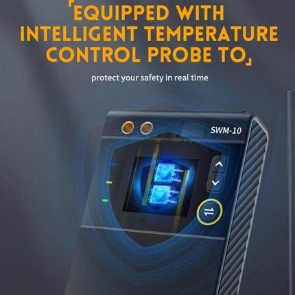 FNIRSI Handheld Battery Spot Welder for Nickel Sheet showing SWM-10 front display with intelligent temperature control probe and welding tips