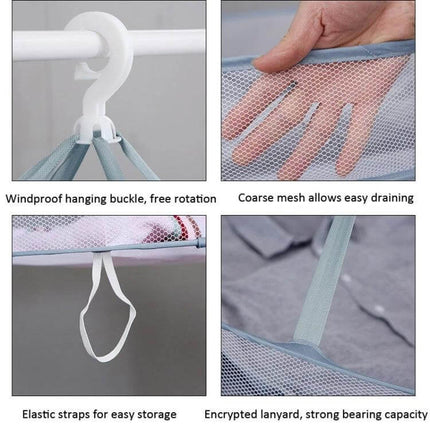Foldable Clothes Drying Rack With Net 61 x 76cm For Sweaters showing mesh, hanging hook, elastic straps and reinforced lanyard
