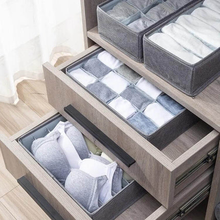 Foldable Drawer Clothes Storage Box, 24 Grids Gray neatly organizing socks, underwear and bras inside dresser drawers
