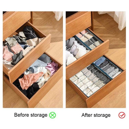 Foldable Drawer Clothes Storage Box, 24 Grids Gray neatly organizing socks and underwear in dresser drawers with 24 individual compartments