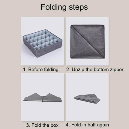Foldable Drawer Clothes Storage Box, 24 Grids Gray showing 4-step folding process with compartments and folded flat for easy storage