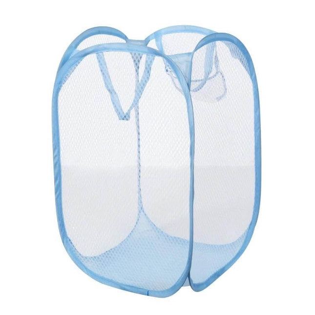 Foldable Pop Up Laundry Basket 50.5x32x26.5 cm For Home Use - light blue nylon mesh pop-up hamper, breathable foldable storage for bathroom and bedroom