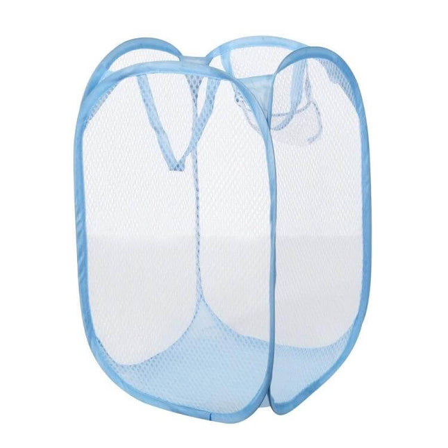 Alt Tag: Foldable Pop Up Laundry Basket 50.5x32x26.5 cm For Home Use lightweight blue nylon mesh pop-up hamper, breathable foldable storage for bathroom bedroom