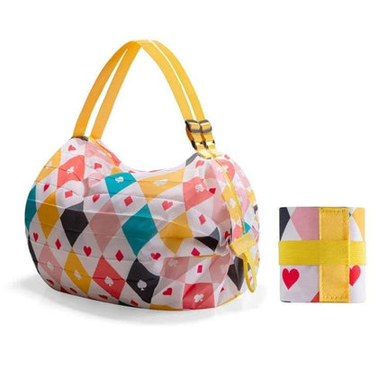 Foldable Travel Shopping Bag For Everyday Errands Navy - compact patterned foldable tote with yellow straps, expands to 40x40cm for groceries and travel