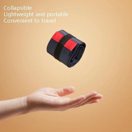 Foldable Travel Shopping Bag For Everyday Errands Navy compact folded navy tote with hand for scale, lightweight portable grocery travel bag