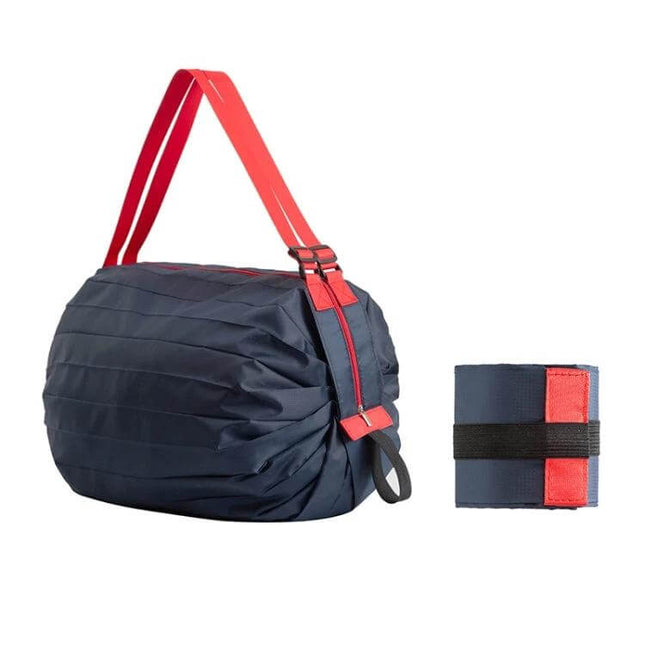 Foldable Travel Shopping Bag For Everyday Errands Navy — navy lightweight foldable tote with red straps, durable nylon, packs compactly for groceries and travel