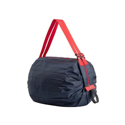 Alt Tag: Foldable Travel Shopping Bag For Everyday Errands Navy lightweight navy tote with red straps, folds compactly for groceries and travel