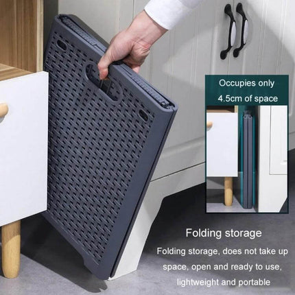 Foldable Wall Mounted Dirty Clothes Basket For Bathroom in compact folded form being stored beside cabinet, woven PP finish, space-saving 4.5cm