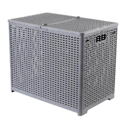 Foldable Wall Mounted Dirty Clothes Basket For Bathroom – gray double-compartment foldable woven-look laundry bin mounted style
