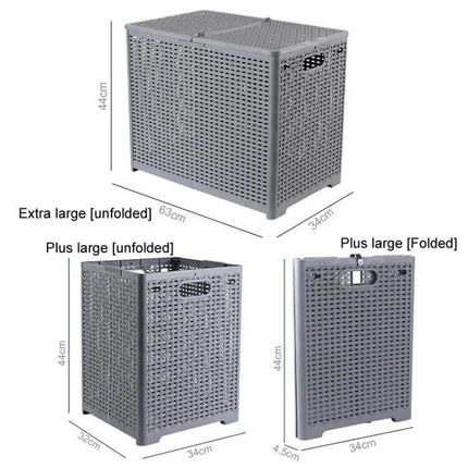 Foldable Wall Mounted Dirty Clothes Basket For Bathroom gray woven-look PP laundry hamper shown unfolded and folded, dimensions labeled