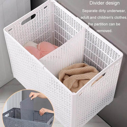 Foldable Wall Mounted Dirty Clothes Basket For Bathroom - white foldable wall-mounted laundry basket with divider, woven PP look, space-saving design