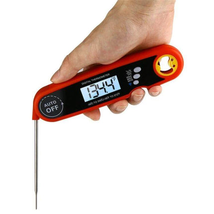 Foldable Waterproof Food Thermometer For Kitchen And Barbecue showing red foldable probe thermometer in hand with digital display reading 134.4°F