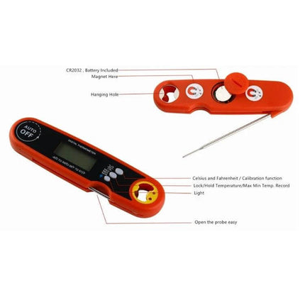 Foldable Waterproof Food Thermometer For Kitchen And Barbecue - compact red folding probe thermometer for grilling, smoking, frying and sauces