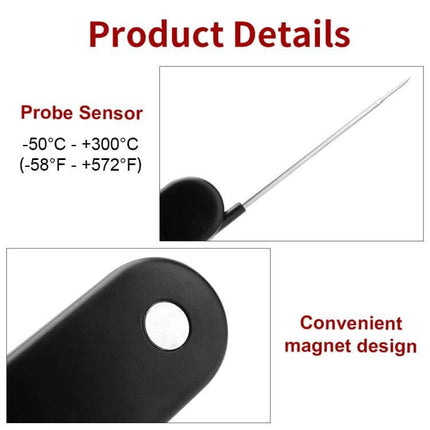 Folding Digital Meat Thermometer Wireless Instant Read For Grilling showing folding probe, probe sensor range and convenient magnet design