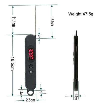Folding Digital Meat Thermometer Wireless Instant Read For Grilling - folding probe, magnetic back, LED temp display, compact dimensions